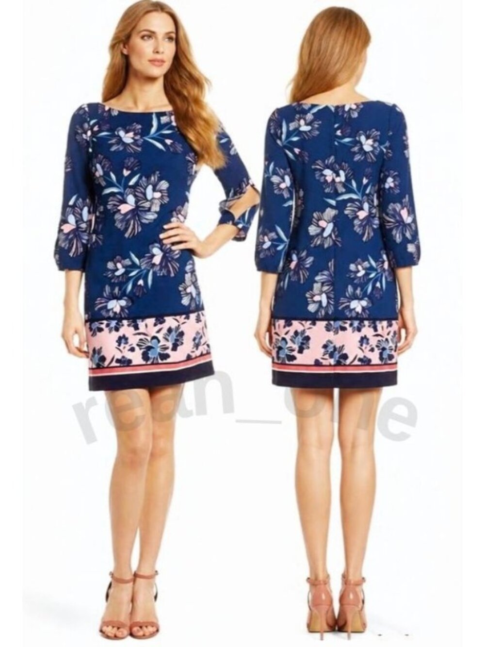 Vince Camuto Women's Floral Print 3/4 Sleeve Shift Dress Navy Blue/Pink Size 8